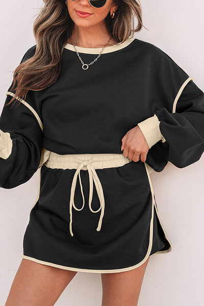 Fashion Round Neck Long Sleeve Spliced Casual Top and Elastic Waist Loose Shorts Set