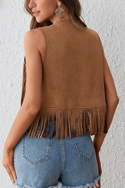 Stylish Suede V-neck Sleeveless Casual Studded Tassel Vest