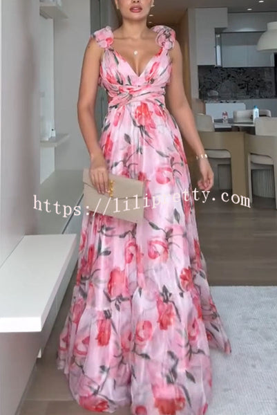 Whimsy Grace Tulle Floral Ruffle Detail Back Lace-up Pleated Maxi Dress