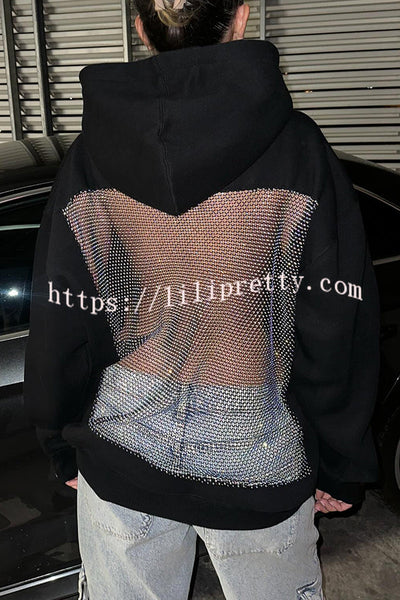 Fashionable Shiny Mesh Hollow Back Loose Long-sleeved Hooded Sweatshirt