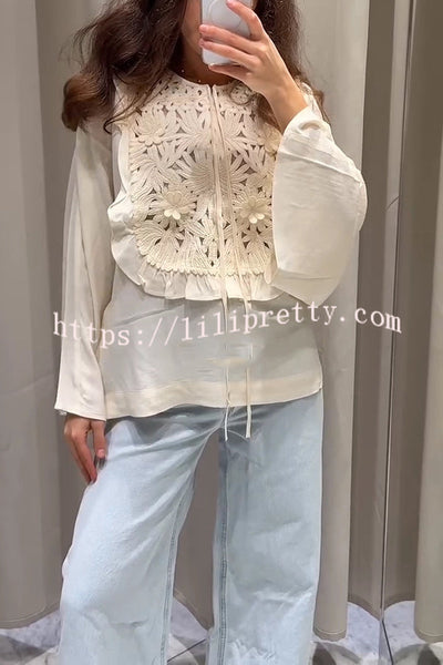 Fashionable Round Neck Tie Hollow Stitching Casual Shirt