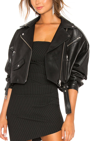 Fashion Lapel Long Sleeve Casual Zipper Pocket Leather Jacket