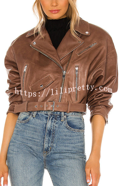 Fashion Lapel Long Sleeve Casual Zipper Pocket Leather Jacket