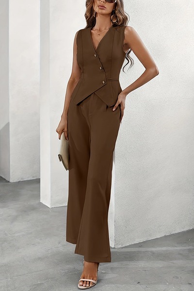 Solid Color Sleeveless V-Neck Button Vest and High Waist Pocket Casual Wide Leg Pants Set
