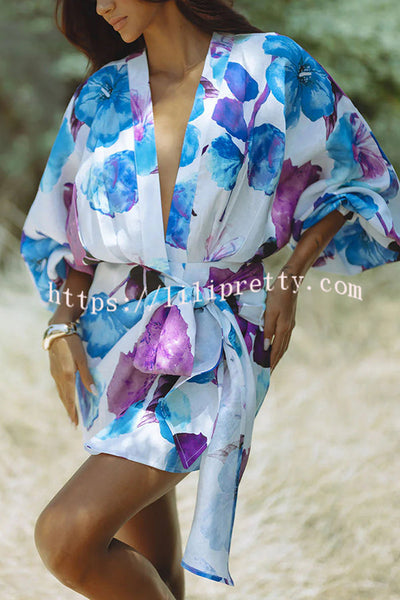Marielle Linen Blend Floral Print Dolman Sleeve Wrap Loose Mini Dress