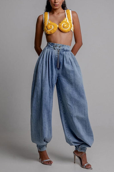 Fashion High Waist Vintage Zipper Cuffed Loose Jeans