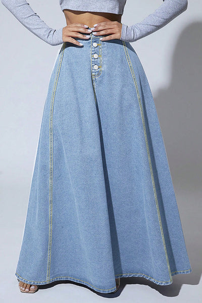 Fashion Metal Single-Breasted Casual Denim Maxi Skirt