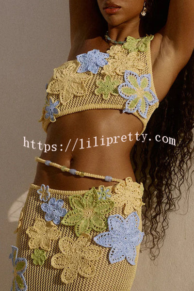 Susanna Knit Crochet Handmade Flower One Shoulder Stretch Crop Tank