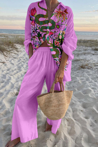 Snake Print Oversized Shirt and Elastic Waist Pocket Pants Set