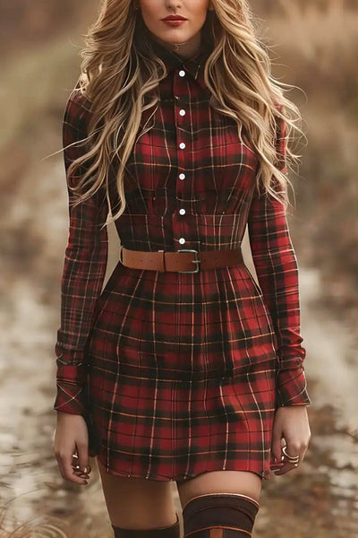 Plaid Print Lapel Long Sleeve Button-down Belt Mini Dress