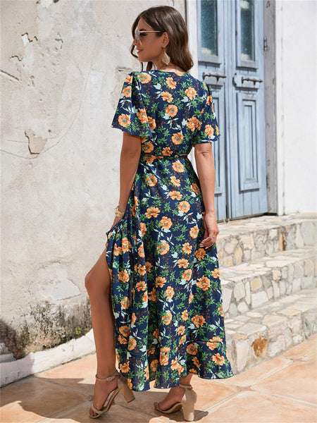 Ruffle Short Sleeve Strappy Dress Beach Resort Dress Navy S M L XL 