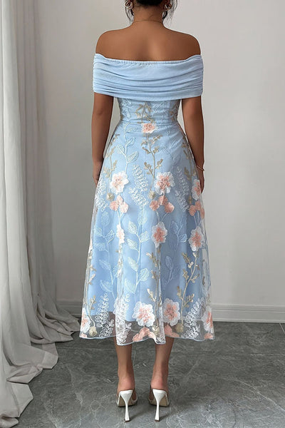 Elegant Ruched Off-Shoulder Floral Appliqué Midi Dress