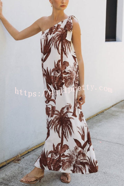 Botanical Print Sleeveless One-shoulder Casual Vacation Maxi Dress