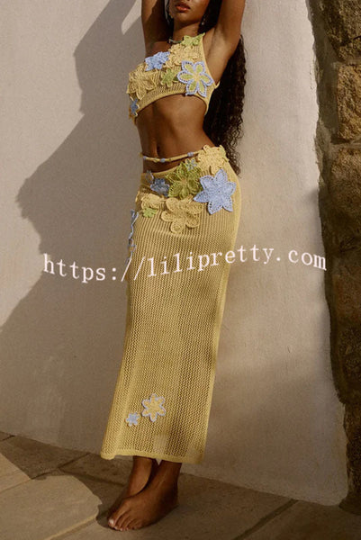 Luxe Knit Crochet Handmade Flower Beaded Waist Stretch Maxi Skirt