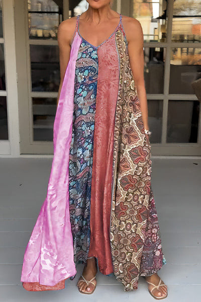 Unique Printed Loose Holiday Strap Big Hem Maxi Dress