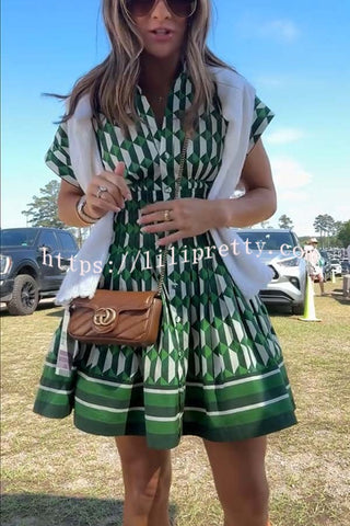 Nash Geometric Tile Print Wide Sleeve Button Up Pocketed Mini Dress