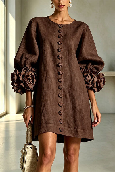 Rima Linen Blend Flowers Button Down Floral Cuffs Half Sleeve Mini Dress