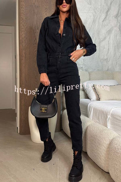 Downtown Diva Denim Button Up Long Sleeve Pocket Shirt Overalls Jumpsuit