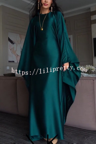 Dignified and Elegant Satin Batwing Sleeve with Waist Tie Design A-line Maxi Dress