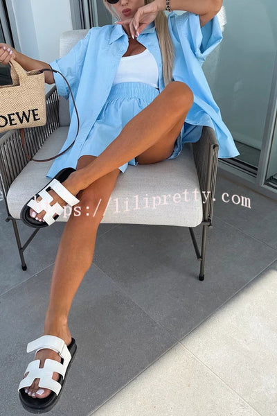 Summer Casual Loose Short-sleeved Shirt and Elastic High Waist Shorts Set