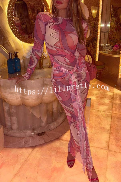Nessie Mesh Unique Print Tie-up Waist Long Sleeve Stretch See-Through Maxi Dress
