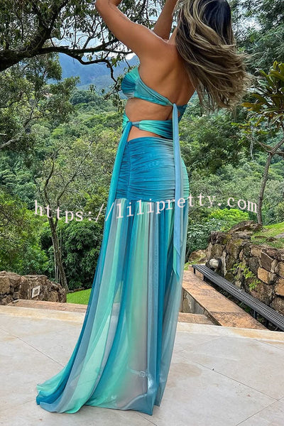 Soleil Mesh Printed Starfish Pendant Ruched Cutout Off Shoulder Maxi Dress