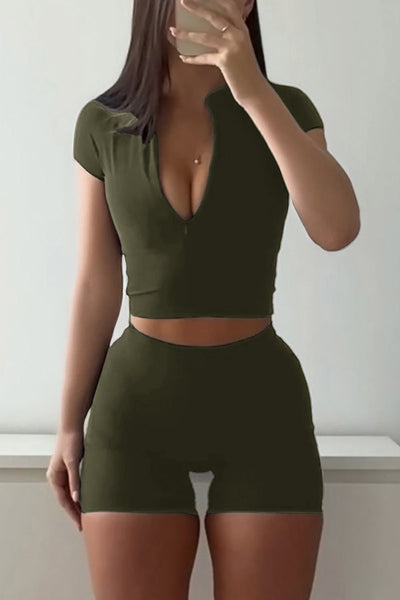 Fashionable Sports Yoga Style V-neck Crop Top and Stretch Slim Shorts Set