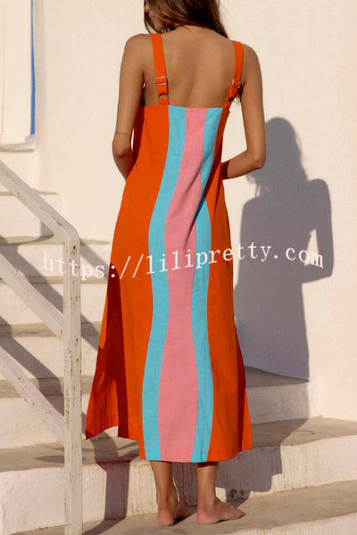 Fashionable Color-blocked Printed Square Neck Sleeveless Vacation-style Maxi Dress