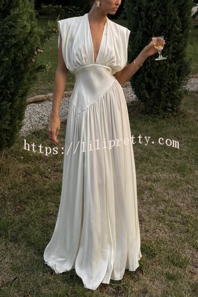 Elegant V-neck Sleeveless Fitted Waist High Slit Vacation Maxi Dress