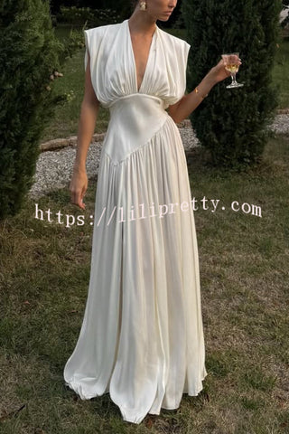 Elegant V-neck Sleeveless Fitted Waist High Slit Vacation Maxi Dress
