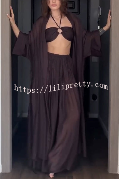 Flowy Linen Blend Halter Tank & Elastic Waist Tie-up Wide Leg Pants & Kimono Cover-Ups 3pieces Set