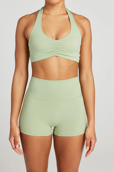 Fashionable Sports Yoga Style Halterneck Top and Stretch Slim Shorts Set