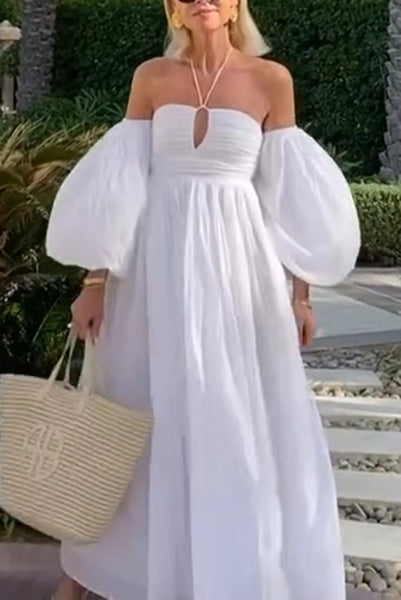 Solid Color Off-the-shoulder Hollow Puff Sleeve Maxi Dress