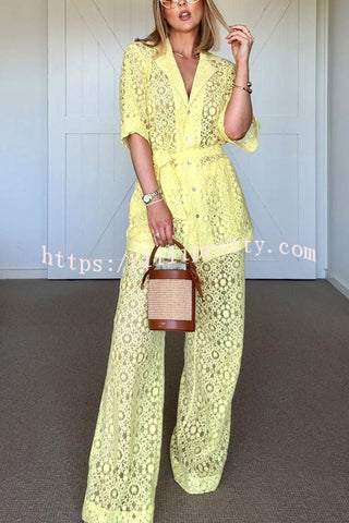 The Sun Shines Floral Lace Button Up Belted Lapel Loose Shirt