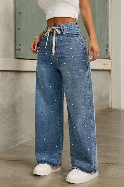 Fashion Rhinestone Embellished High Waist Tie Casual Pocket Wide Leg Jeans