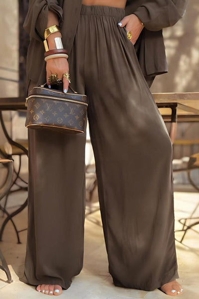 Solid Color Loose Long-sleeved Shirt and Elastic Waist Casual Pocket Wide-leg Pants Set