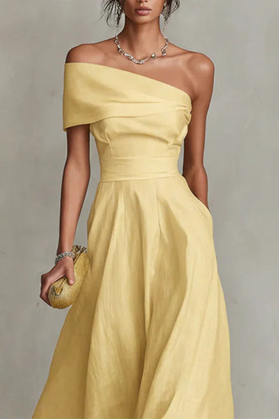 Chic One-Shoulder A-Line Midi Dress with Pockets
