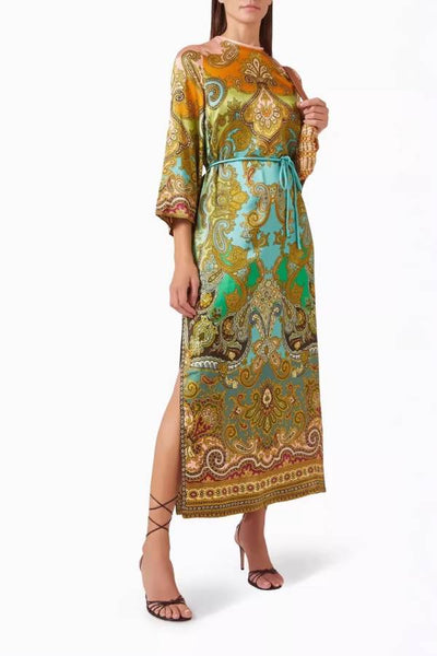 Paisley Print Tie-Waist Slit Maxi Kaftan Dress