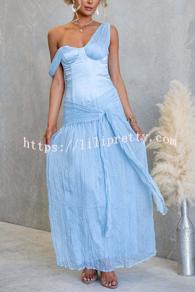 Zariyah Satin Bodice Asymmetric Neck Tie-up Waist Chiffon Hem Maxi Dress