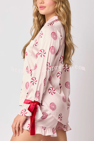 Christmas Fashion Printed Bow Tie Top and Elastic Waist Ruffle Shorts Set