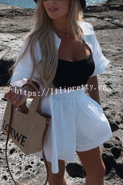 Summer Casual Loose Short-sleeved Shirt and Elastic High Waist Shorts Set