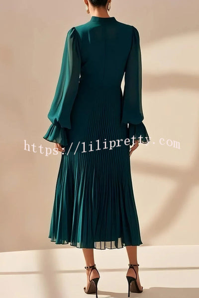 Solid Color Round Neck Long Sleeve Fitted Waist Pleated Ruffle Midi Dress