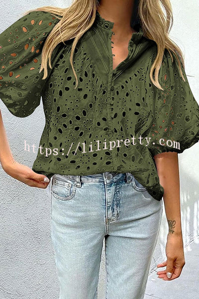 Hollow Embroidered Lace V-neck Buttoned Lantern Sleeve Blouse