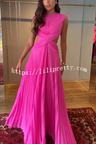 Tamia Pleated Chiffon Fabric Crossover Cutout Waist Open Back Maxi Dress