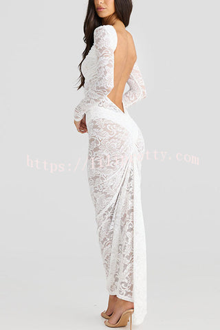 Timeless Lace High Gathered Neck Long Sleeve Backless Ruched Stretch Maxi Dress