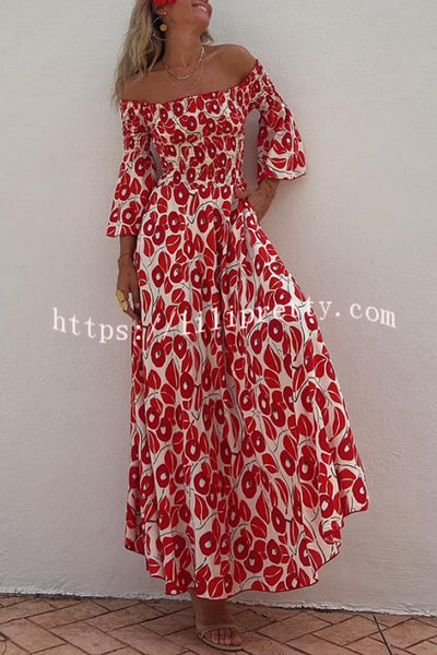 Close To The Vacation Floral Print Smocked Off Shoulder Pocketed Maxi Dress