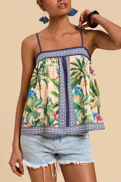 Tropical Print Casual Halter Backless Loose Top
