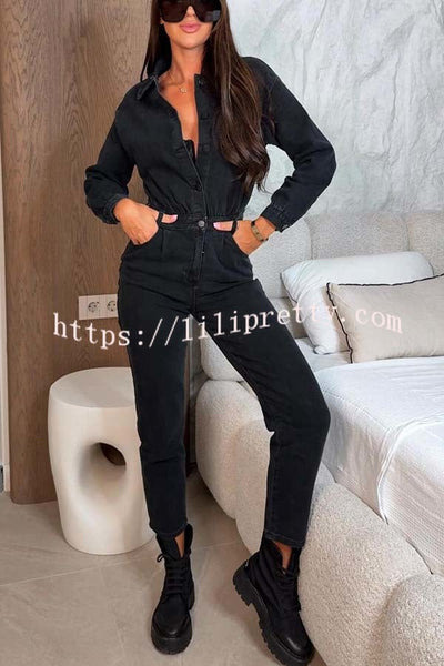 Downtown Diva Denim Button Up Long Sleeve Pocket Shirt Overalls Jumpsuit