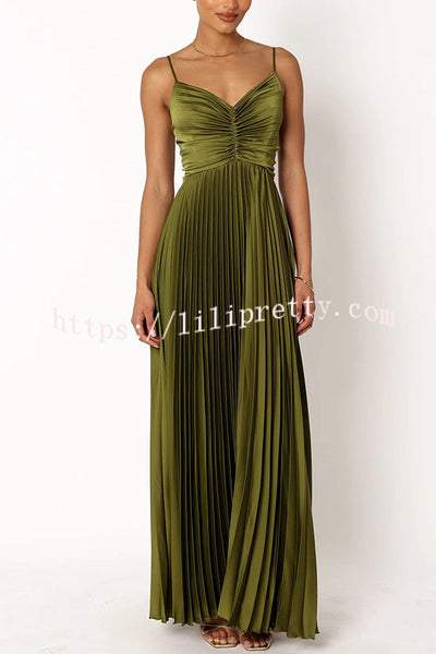 Catch The Light Satin Pleated V-neck Slip Maxi Dress