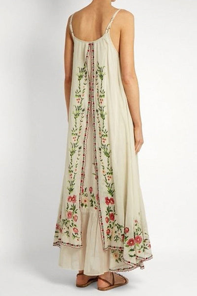Botanical Print Suspenders Loose Full Hem Maxi Dress